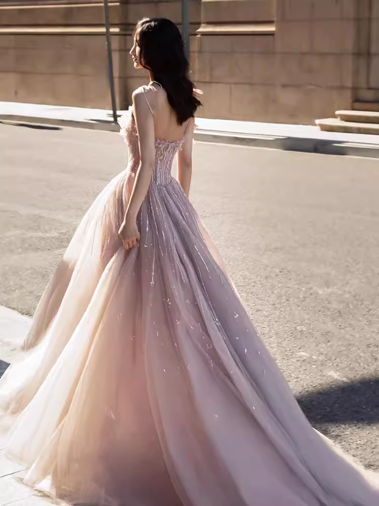 Robe de bal longue en tulle rose, sexy, bretelles trapèze, B416