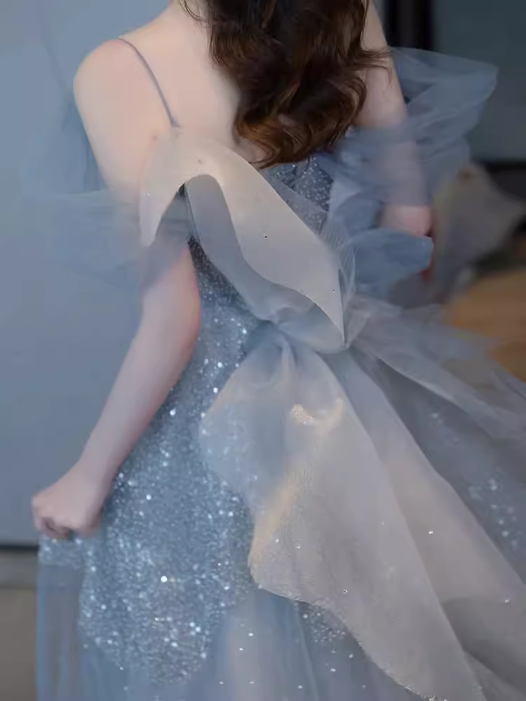 Sexy A line Straps Gray Tulle Long Prom Dress B417