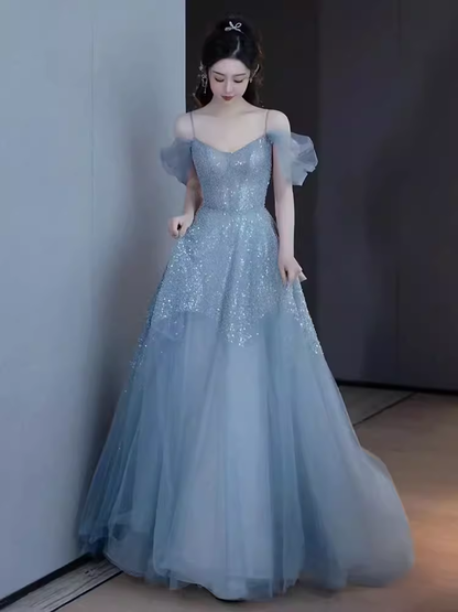 Sexy A line Straps Gray Tulle Long Prom Dress B417