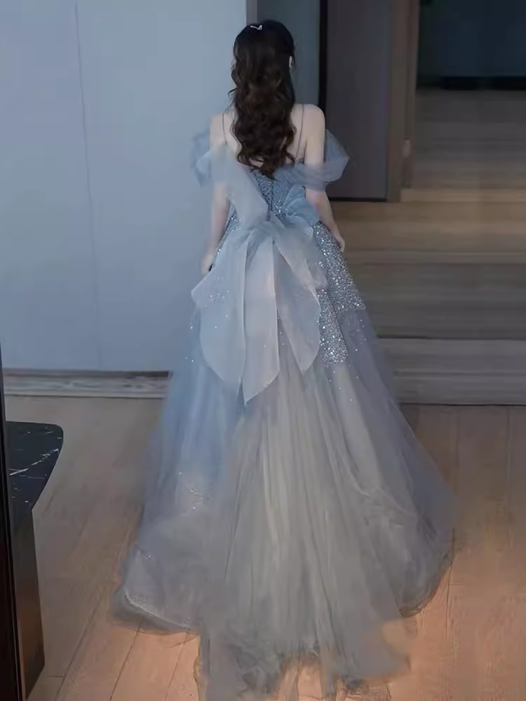 Sexy A line Straps Gray Tulle Long Prom Dress B417