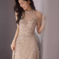 Sexy Mermaid Halter Sequin Champagne Long Prom Dress B418