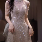 Sexy Mermaid Halter Sequin Champagne Long Prom Dress B418