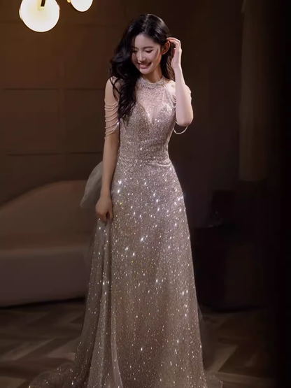 Sexy Mermaid Halter Sequin Champagne Long Prom Dress B418