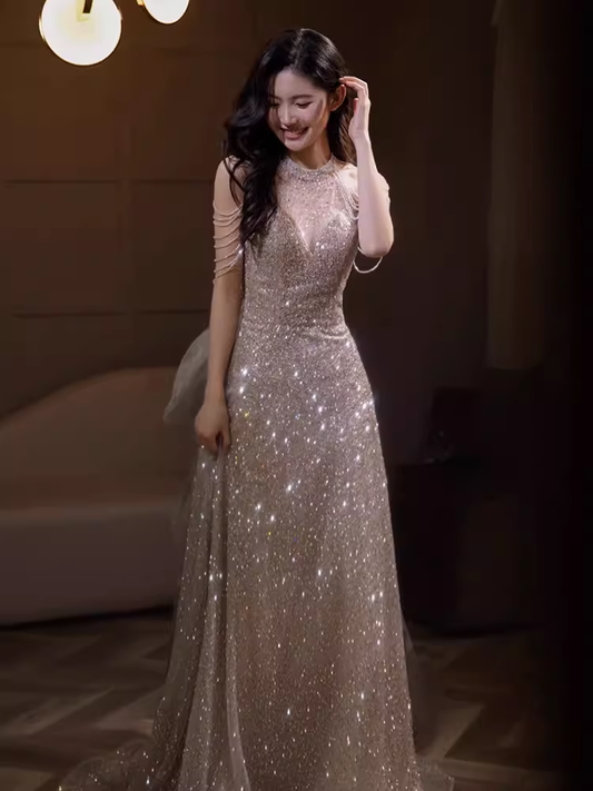 Robe de bal longue sirène sexy à paillettes champagne B418