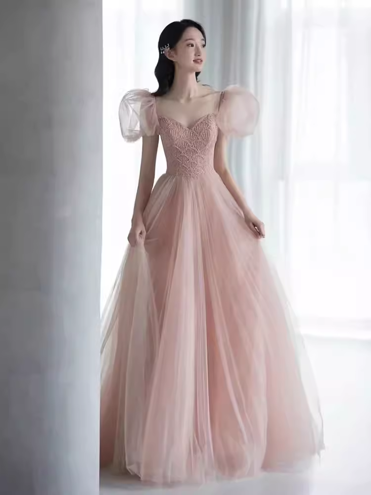 Elegant A line Puffy Sleeves Pink Tulle Long Prom Dress B419