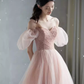 Elegant A line Puffy Sleeves Pink Tulle Long Prom Dress B419