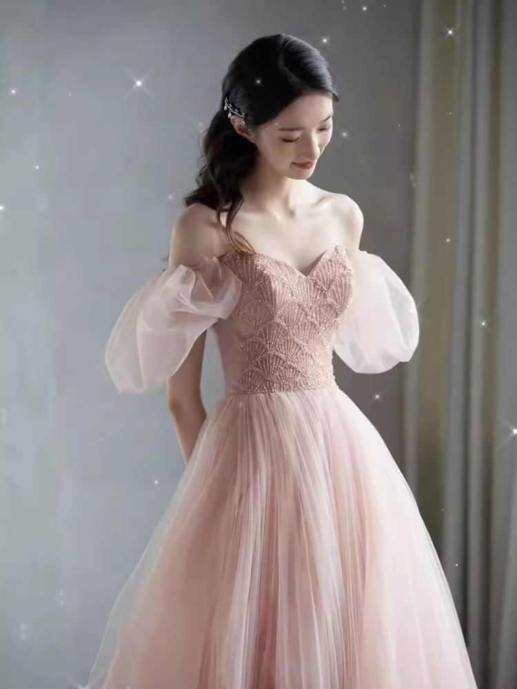 Elegant A line Puffy Sleeves Pink Tulle Long Prom Dress B419