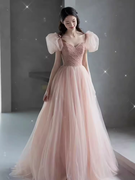 Elegant A line Puffy Sleeves Pink Tulle Long Prom Dress B419