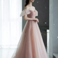 Elegant A line Puffy Sleeves Pink Tulle Long Prom Dress B419
