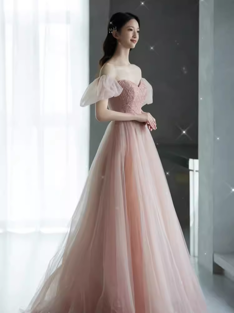 Elegant A line Puffy Sleeves Pink Tulle Long Prom Dress B419