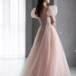 Elegant A line Puffy Sleeves Pink Tulle Long Prom Dress B419