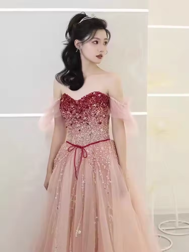 Elegant A line Puffy Sleeves Pink Tulle Long Prom Dress B420