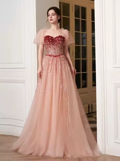 Elegant A line Puffy Sleeves Pink Tulle Long Prom Dress B420