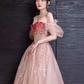 Elegant A line Puffy Sleeves Pink Tulle Long Prom Dress B420