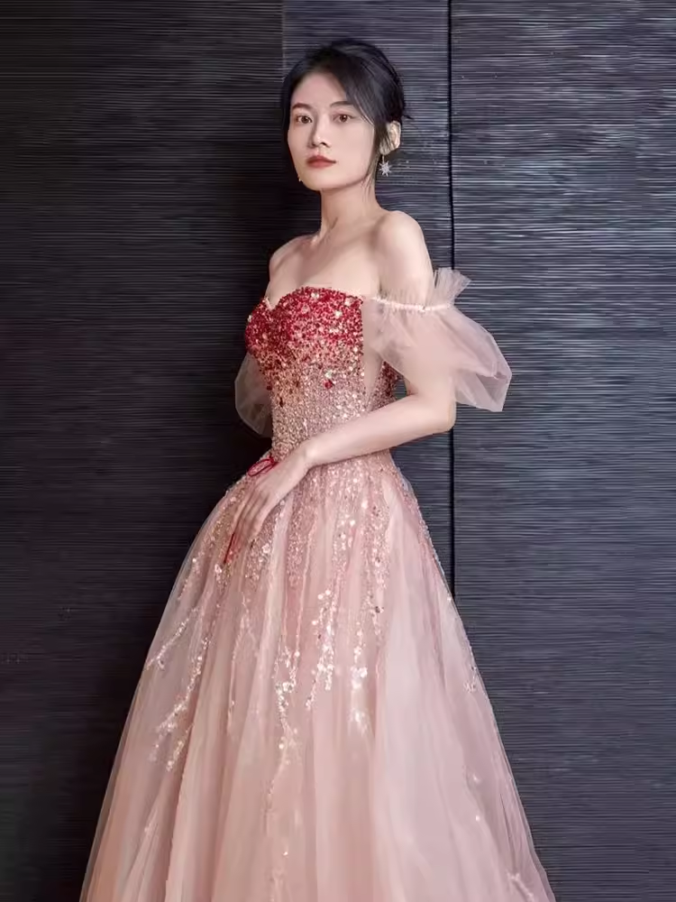 Elegant A line Puffy Sleeves Pink Tulle Long Prom Dress B420