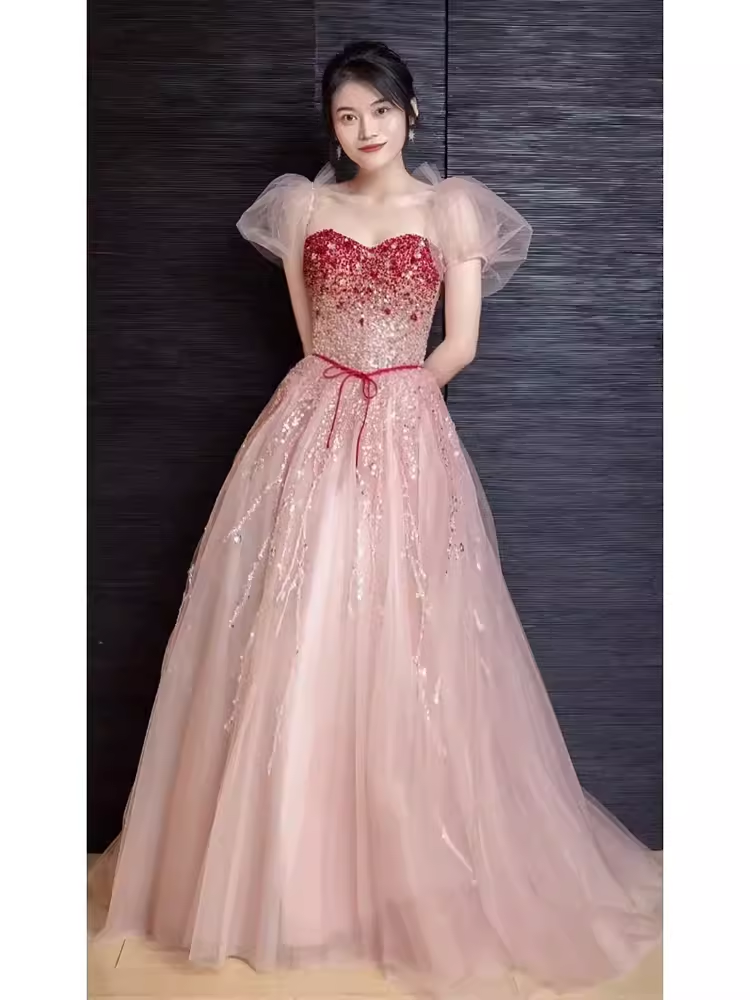 Elegant A line Puffy Sleeves Pink Tulle Long Prom Dress B420