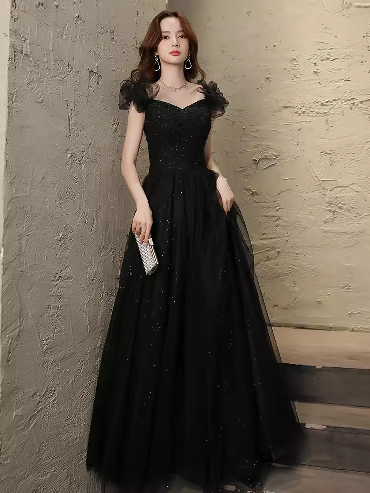 Elegant A line Puffy Sleeves Black Tulle Long Prom Dress B421