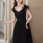 Elegant A line Puffy Sleeves Black Tulle Long Prom Dress B421