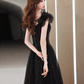 Elegant A line Puffy Sleeves Black Tulle Long Prom Dress B421