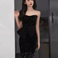 Elegant Mermaid Strapless Black Sequin Long Prom Dress B422