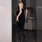 Elegant Mermaid Strapless Black Sequin Long Prom Dress B422