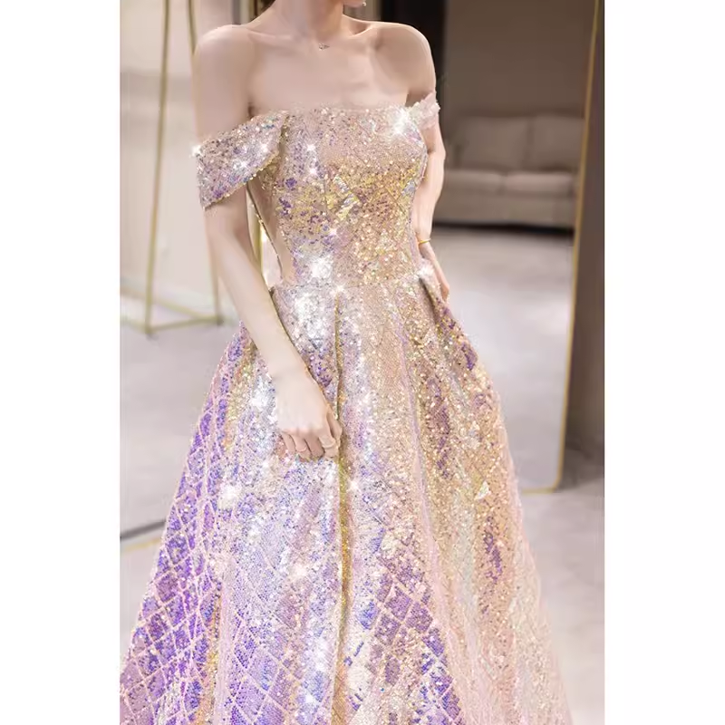 Elegant A line Strapless Lilac Sequin Long Prom Dress B423
