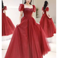 Elegant A line Puffy Sleeves Burgundy  Long Prom Dress B424