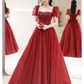 Elegant A line Puffy Sleeves Burgundy  Long Prom Dress B424