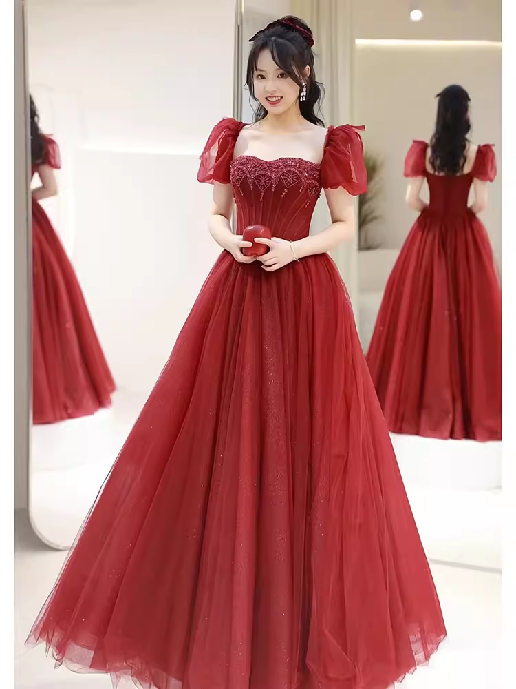 Elegant A line Puffy Sleeves Burgundy  Long Prom Dress B424