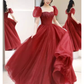 Elegant A line Puffy Sleeves Burgundy  Long Prom Dress B424