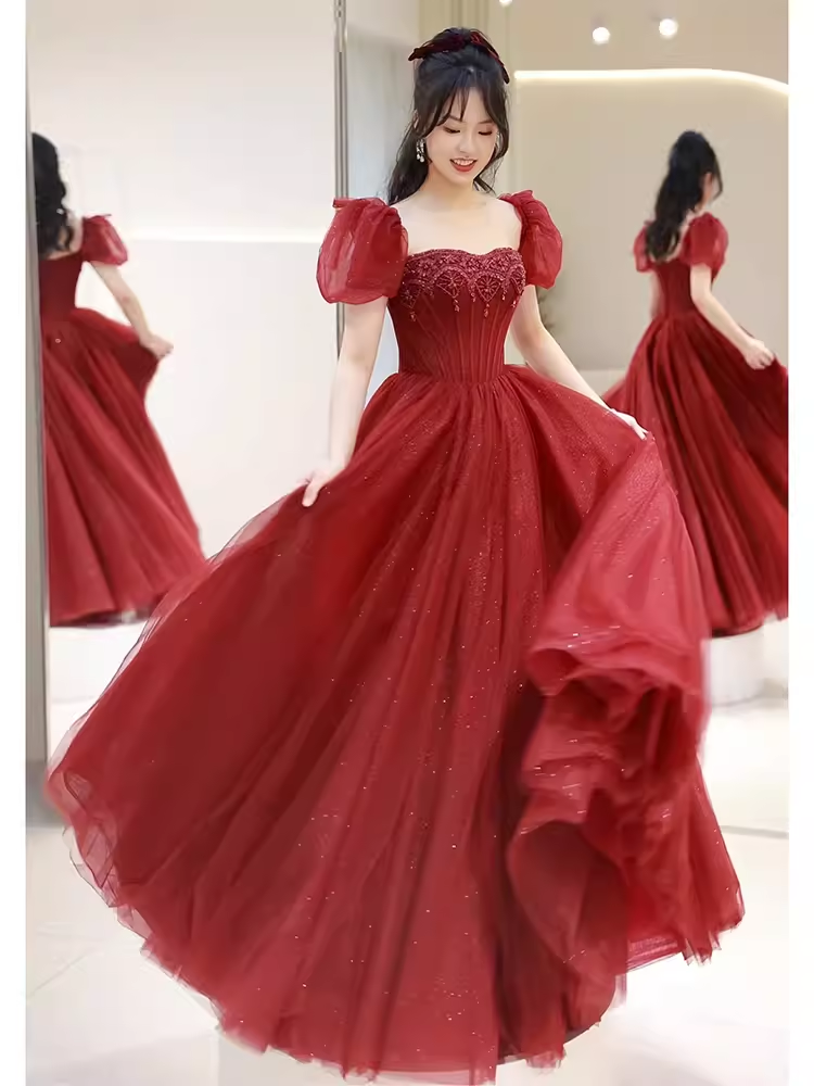 Elegant A line Puffy Sleeves Burgundy  Long Prom Dress B424