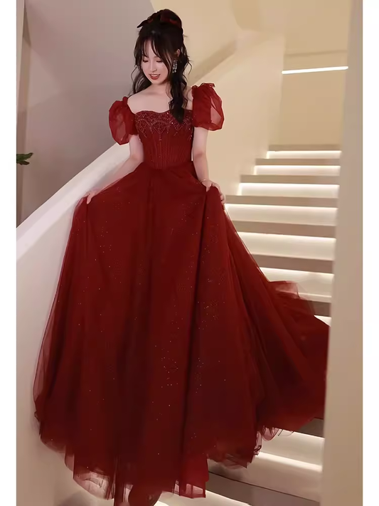 Elegant A line Puffy Sleeves Burgundy  Long Prom Dress B424