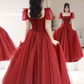 Elegant A line Puffy Sleeves Burgundy  Long Prom Dress B424