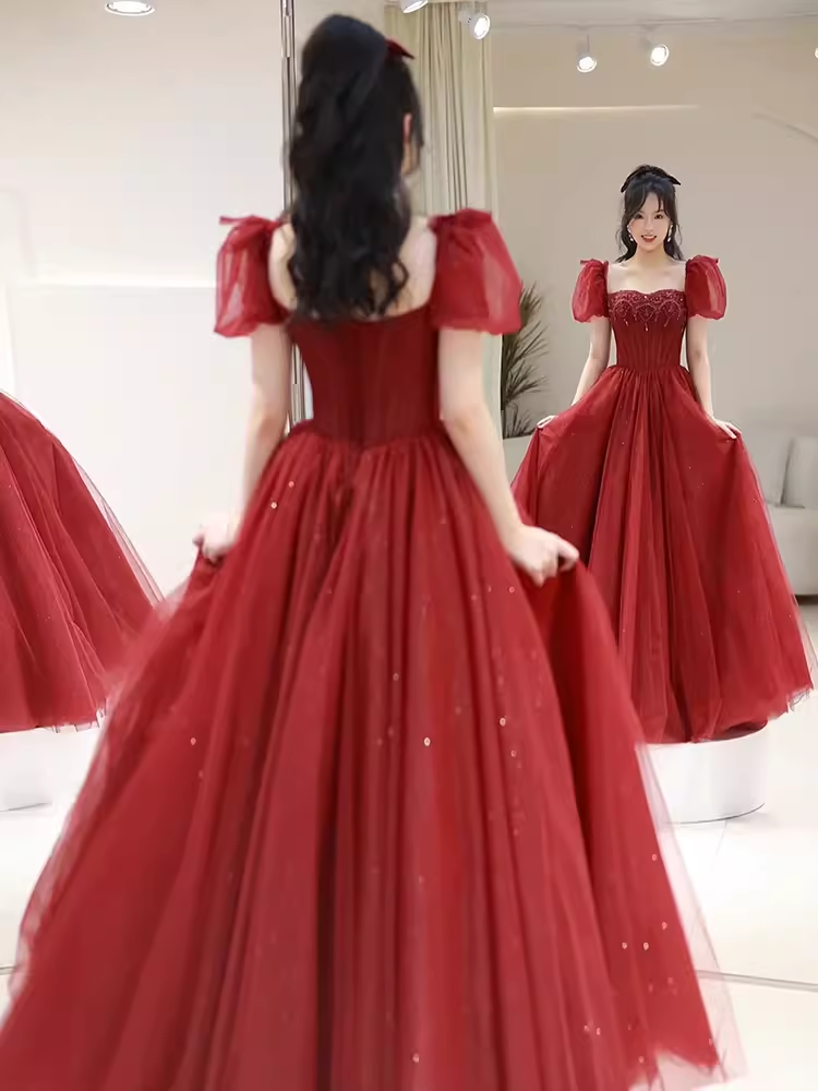 Elegant A line Puffy Sleeves Burgundy  Long Prom Dress B424