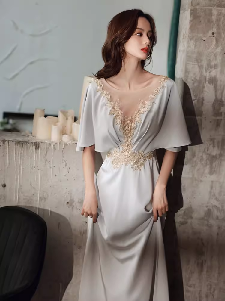 Elegant A line Short Sleeves Long Prom Dress B425