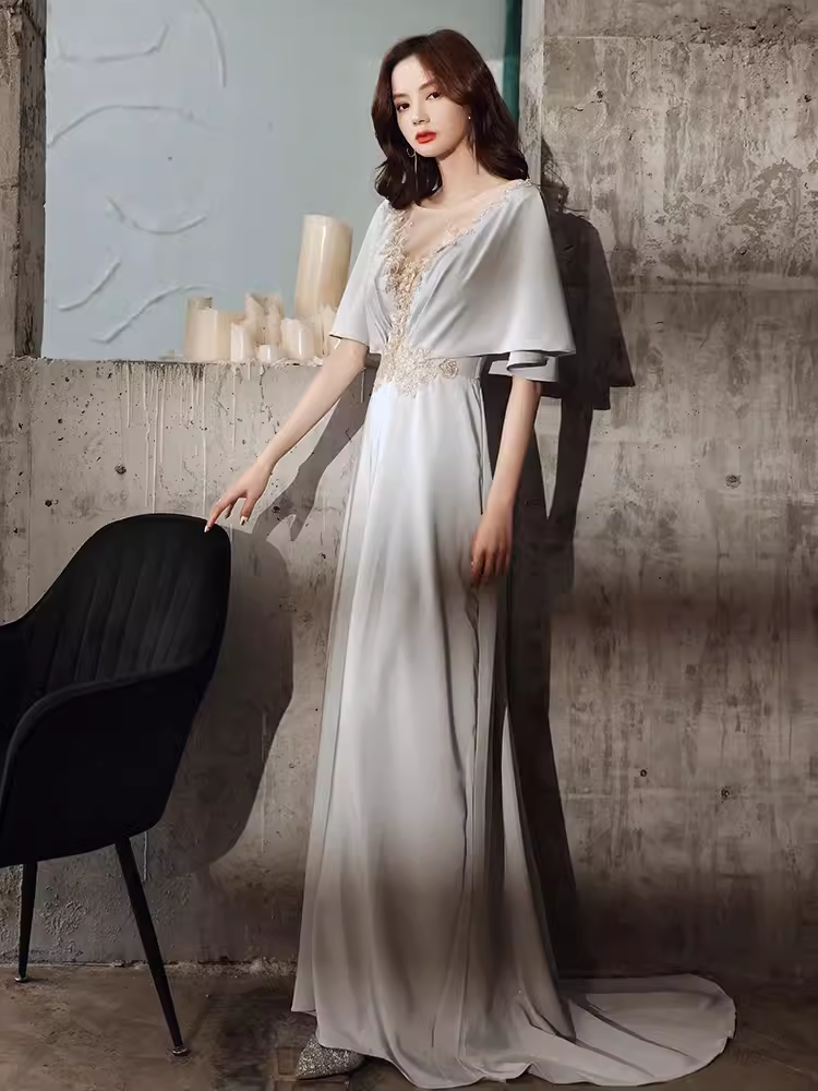 Elegant A line Short Sleeves Long Prom Dress B425