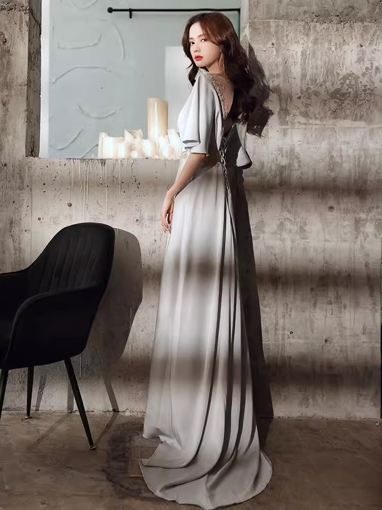 Elegant A line Short Sleeves Long Prom Dress B425