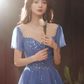 Elegant A line Short Sleeves Long Blue Prom Dress B426