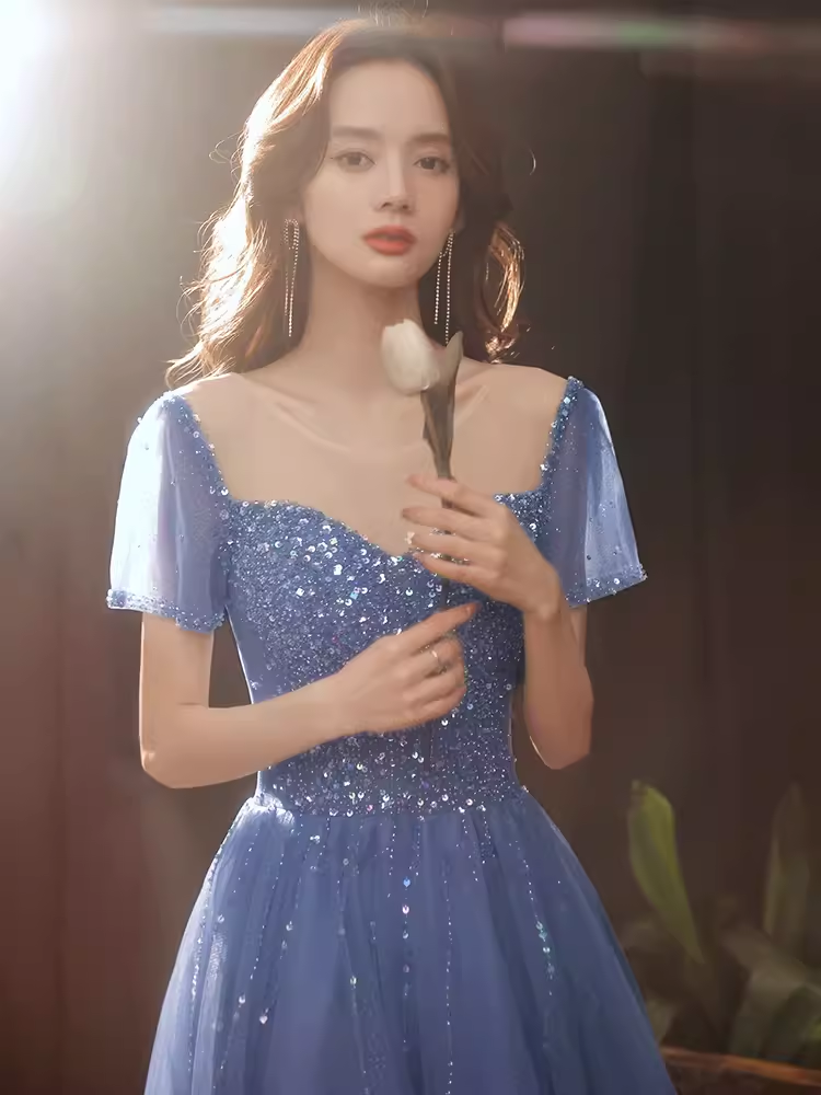 Elegant A line Short Sleeves Long Blue Prom Dress B426