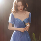 Elegant A line Short Sleeves Long Blue Prom Dress B426