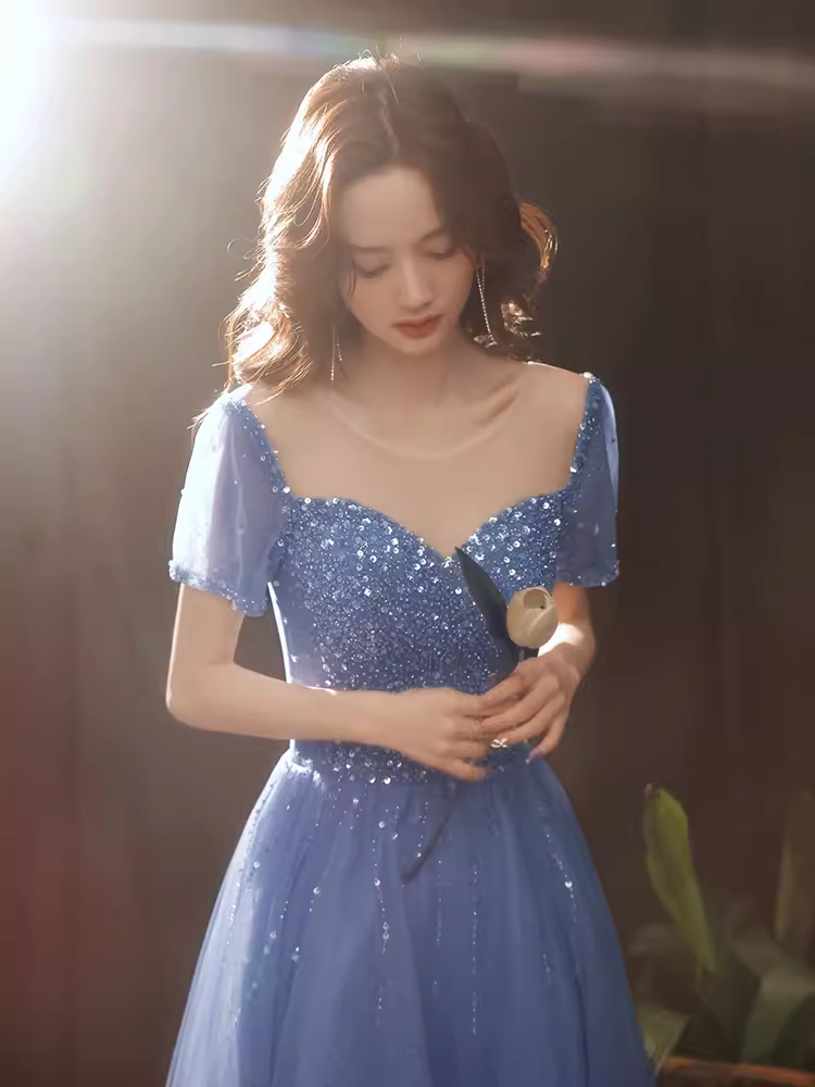 Elegant A line Short Sleeves Long Blue Prom Dress B426