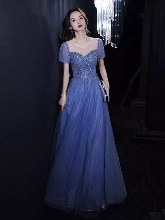 Elegant A line Short Sleeves Long Blue Prom Dress B426