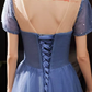 Elegant A line Short Sleeves Long Blue Prom Dress B426