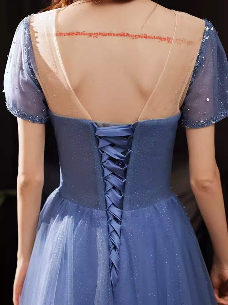 Elegant A line Short Sleeves Long Blue Prom Dress B426
