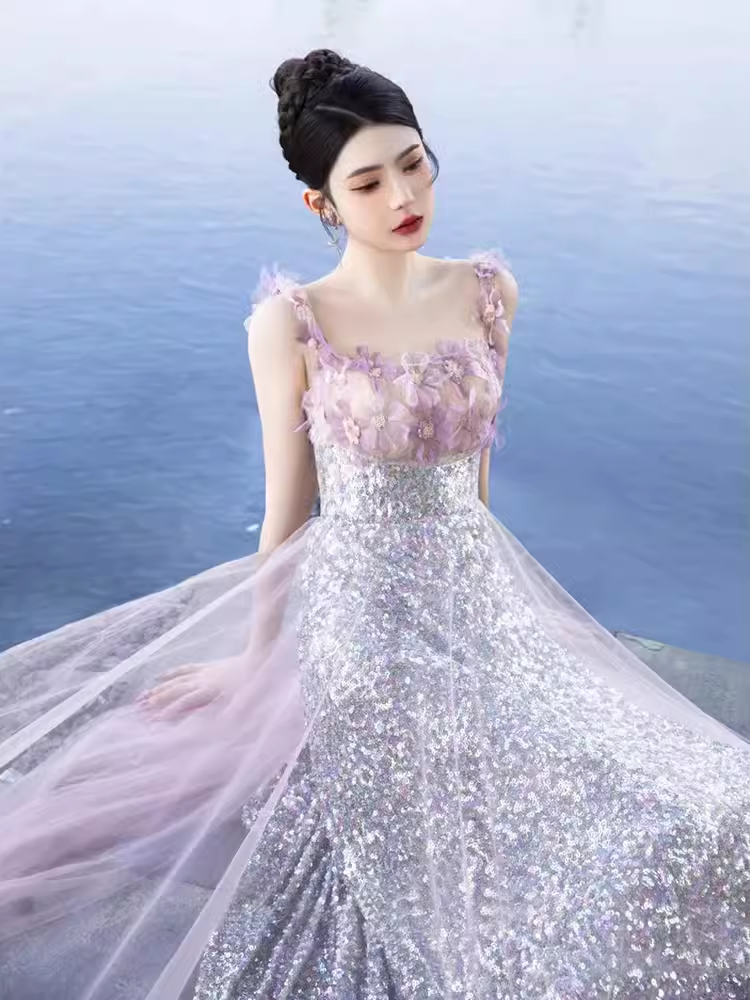 Elegant A line Short Sleeves Long Lilac Prom Dress B427