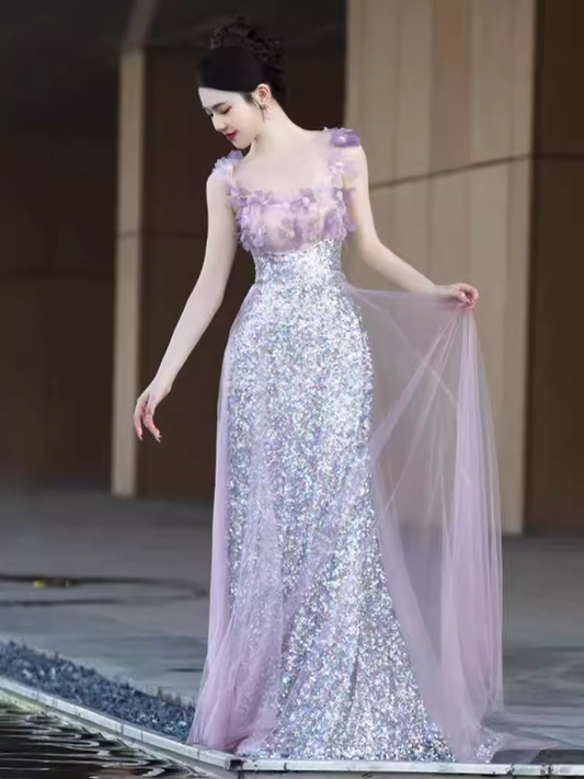 Elegant A line Short Sleeves Long Lilac Prom Dress B427