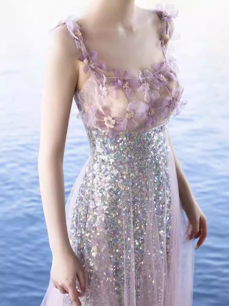 Elegant A line Short Sleeves Long Lilac Prom Dress B427