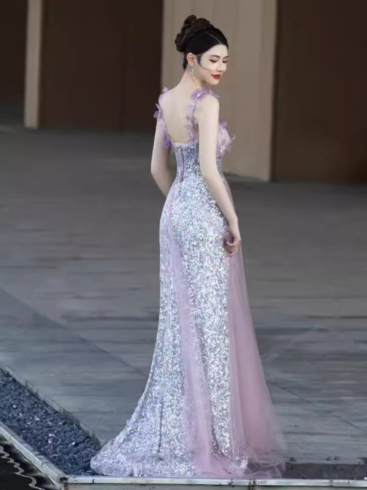 Elegant A line Short Sleeves Long Lilac Prom Dress B427