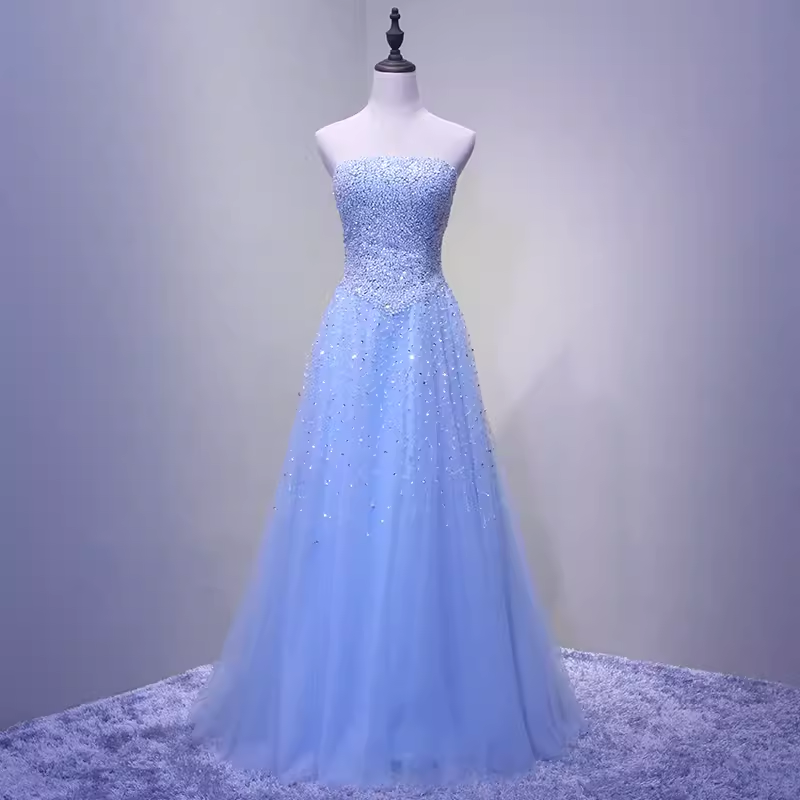 Robe de bal élégante ligne A, sans bretelles, longue, bleu ciel clair, B428