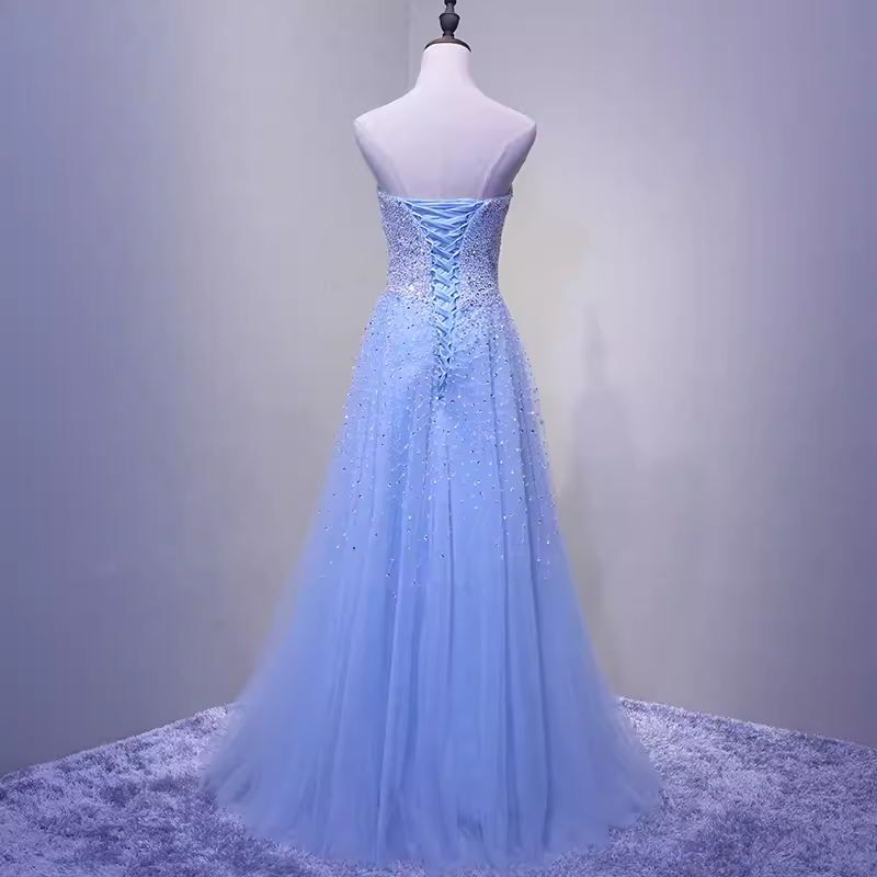 Elegant A line Strapless Sleelves Long Light Sky Blue Prom Dress B428